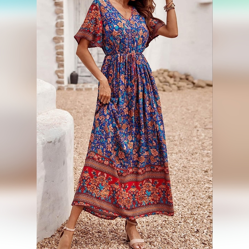 Bohemian Pretty Garden A-line Little maxi dress v-neck Floral Multi size.med - Picture 6 of 14